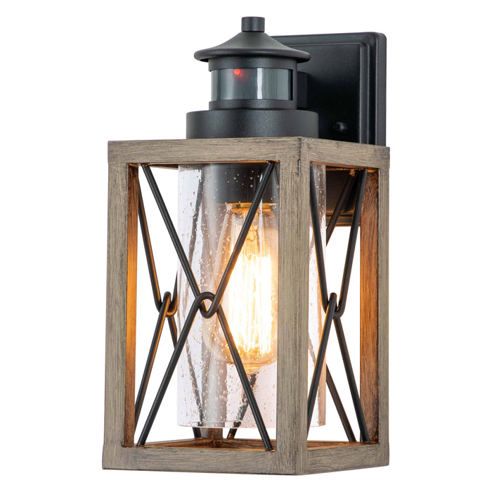 1-Light Black and Faux Wood Motion Sensor and Dusk to Dawn Outdoor Wall Sconce with Clear Seeded Glass