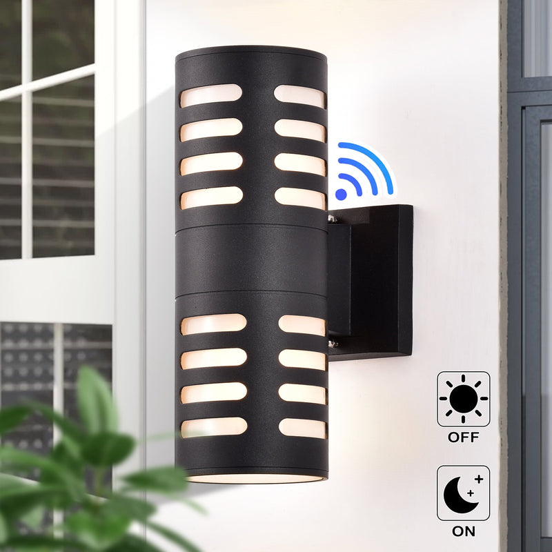 2-Light Matte Black Dusk to Dawn Cylinder Outdoor Wall Sconce
