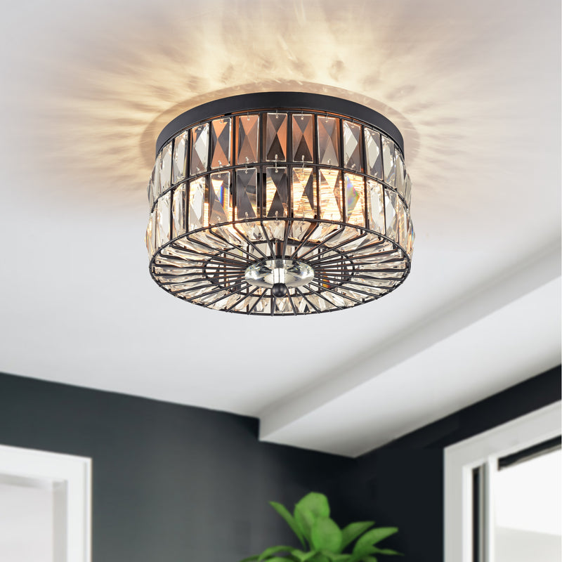 11.75 in. 2-Light Black Ceiling Flush Mount Light With Crystal Glass
