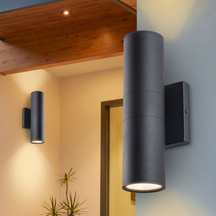 2-Light Black Aluminum Cylinder LED Outdoor Wall Lantern
