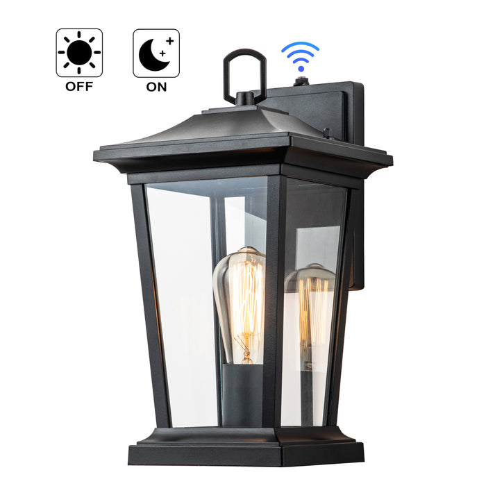 1-Light Matte Black Dusk to Dawn Outdoor Wall Light with Clear Tempered Glass