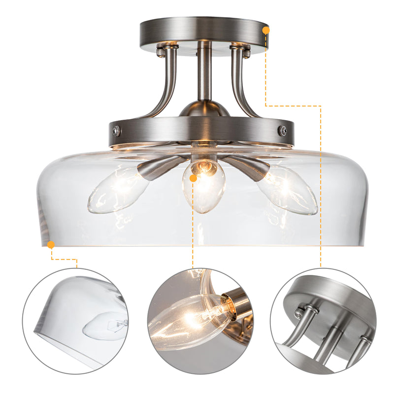 3-Light Satin Nickel Semi Flush Mount with Glass Shade