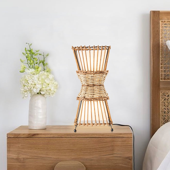 2-Light Bamboo and Rattan Table Lamp with White Fabric Shade