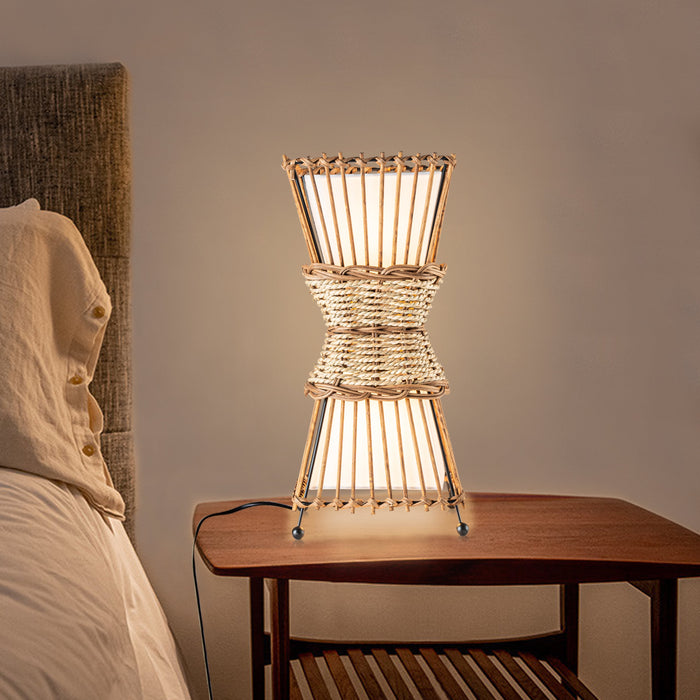 2-Light Bamboo and Rattan Table Lamp with White Fabric Shade