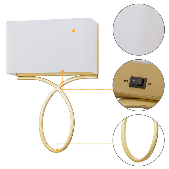 2 light Gold Plug-in and Hardwired Wall Sconce with White Linen Shade