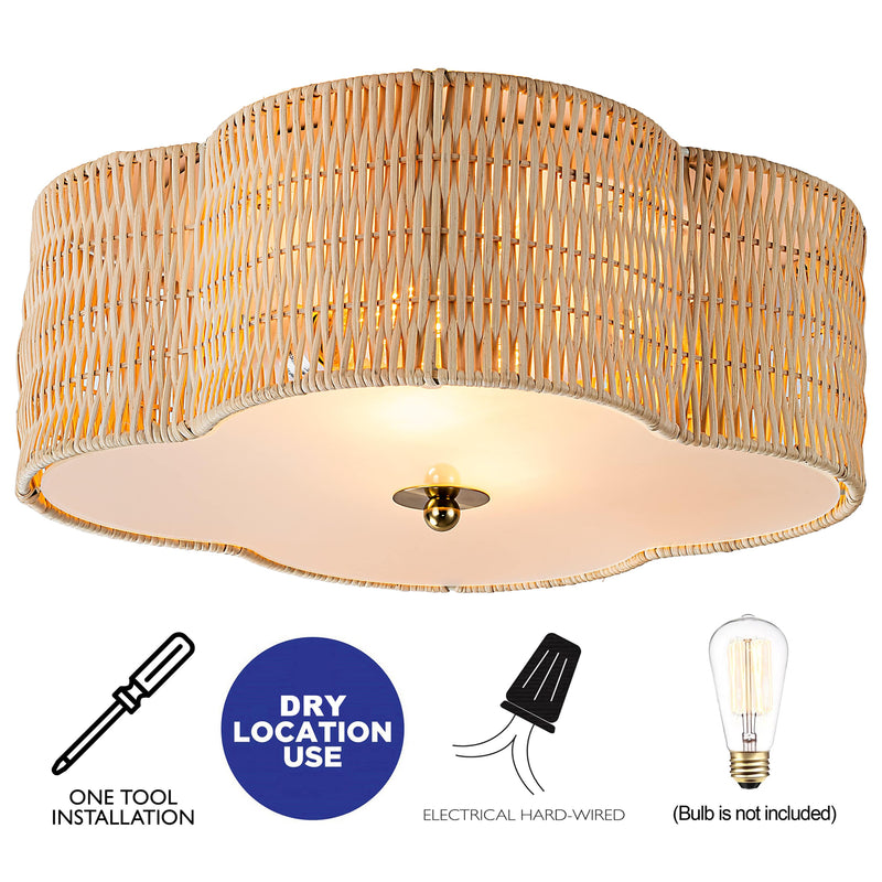 2-Light Rattan Ceiling Flush Mount with Glass Bottom