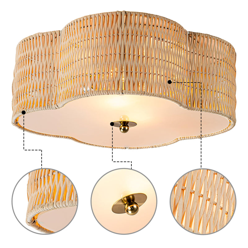 2-Light Rattan Ceiling Flush Mount with Glass Bottom