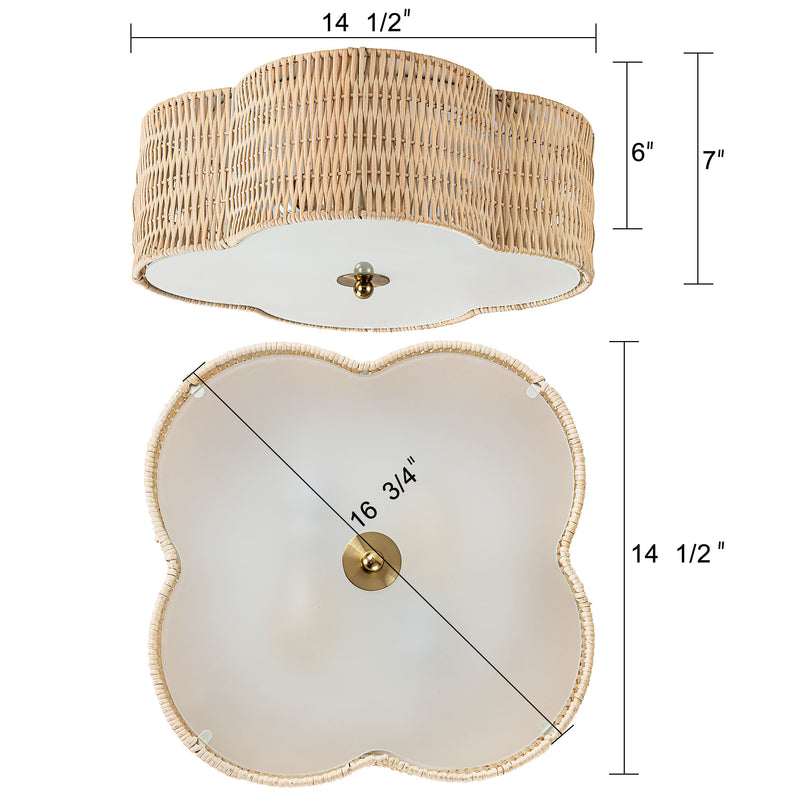 2-Light Rattan Ceiling Flush Mount with Glass Bottom