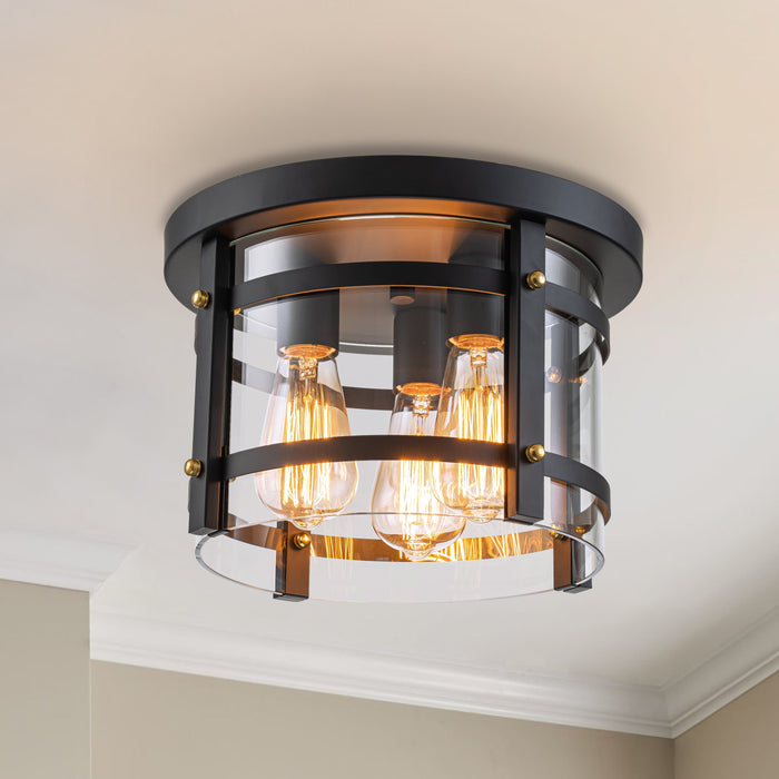 3-Light Black Flush Mount Light with Gold Accent and Clear Glass Shade