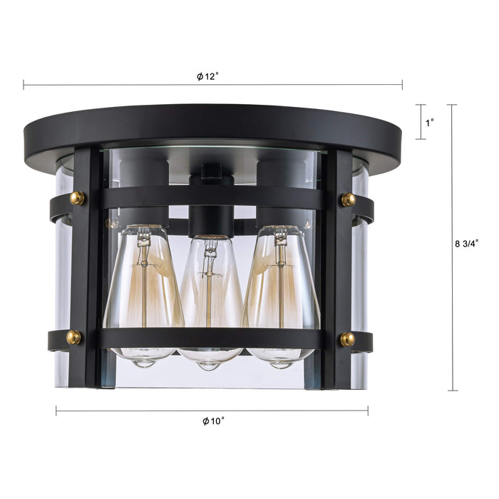 3-Light Black Flush Mount Light with Gold Accent and Clear Glass Shade