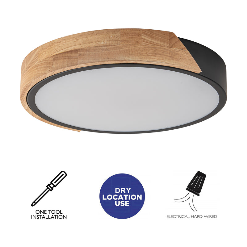 12.75 in Black Dimmable 20-Watt Selectable LED Flush Mount Ceiling Light 2700K 3000K 4000K 5000K 6500K with Wood Accent