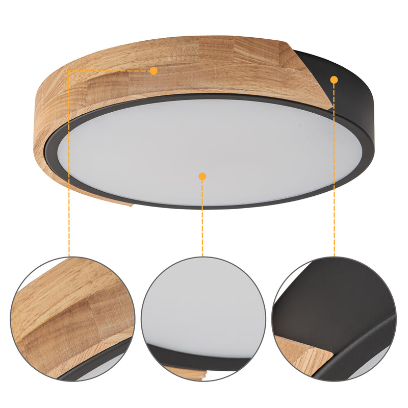12.75 in Black Dimmable 20-Watt Selectable LED Flush Mount Ceiling Light 2700K 3000K 4000K 5000K 6500K with Wood Accent