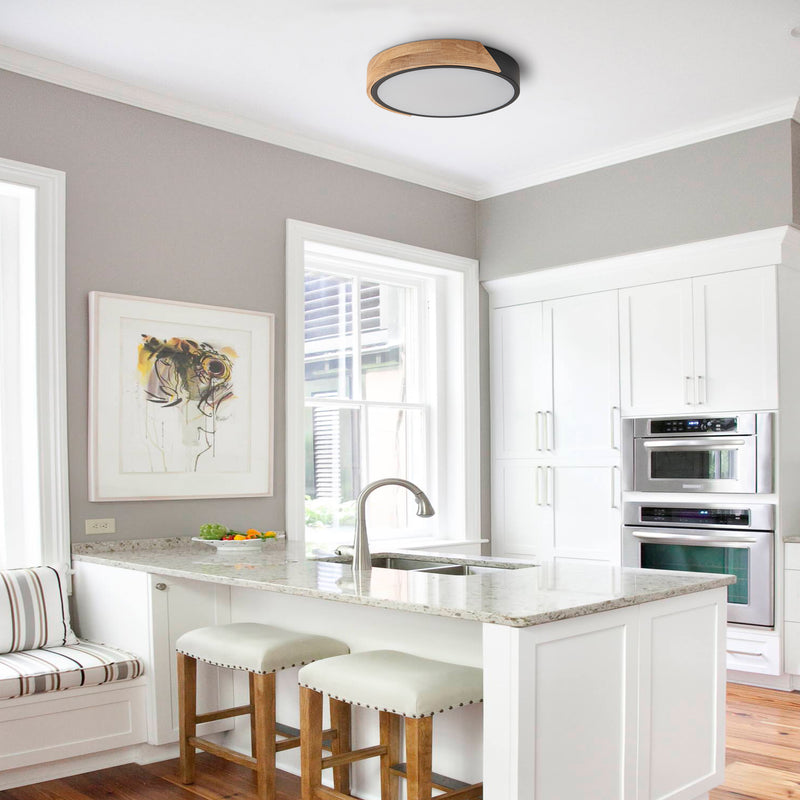 12.75 in Black Dimmable 20-Watt Selectable LED Flush Mount Ceiling Light 2700K 3000K 4000K 5000K 6500K with Wood Accent