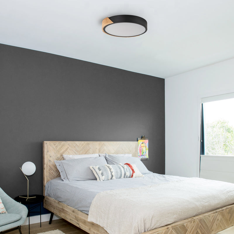 12.75 in Black Dimmable 20-Watt Selectable LED Flush Mount Ceiling Light 2700K 3000K 4000K 5000K 6500K with Wood Accent