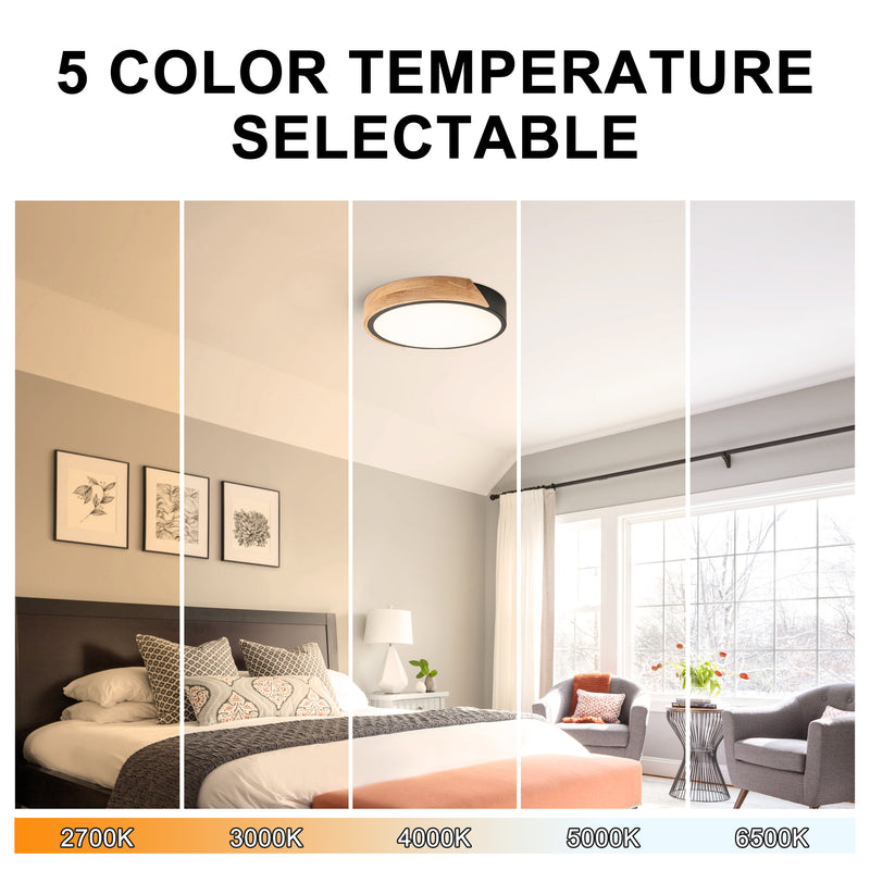 12.75 in Black Dimmable 20-Watt Selectable LED Flush Mount Ceiling Light 2700K 3000K 4000K 5000K 6500K with Wood Accent