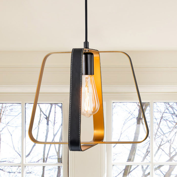 1-Light Black and Gold Finish Chandeliers with Leather Accent