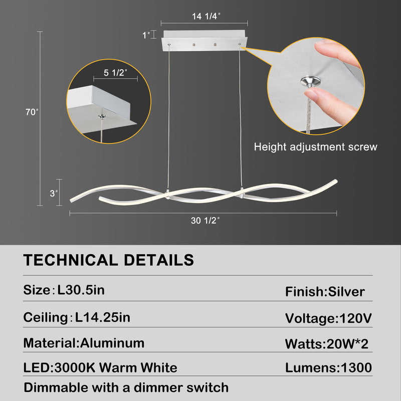2-Light Silver Wave Spiral LED Chandelier