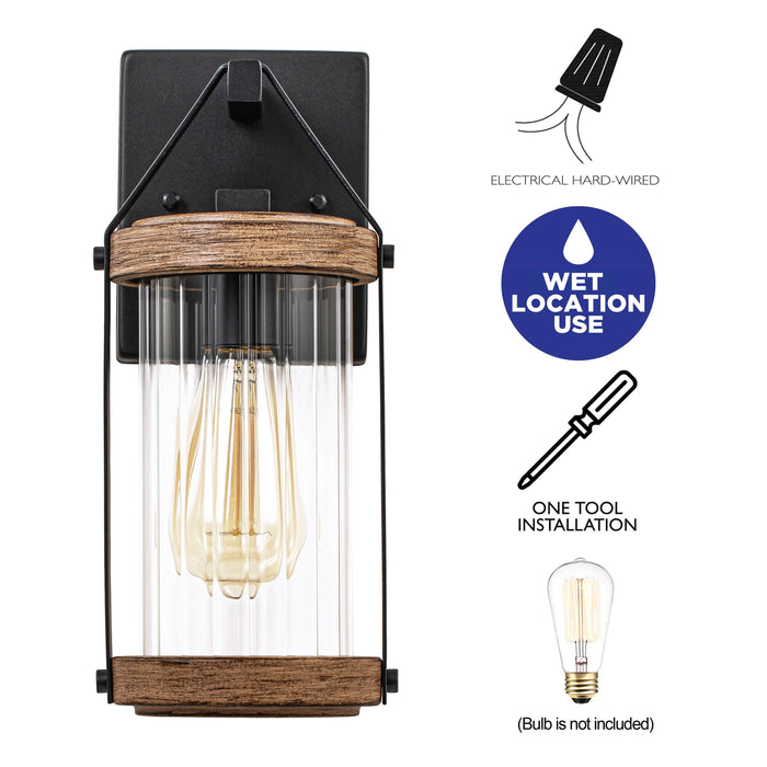 Woodgrain Outdoor Wall Lantern with Clear Strip Glass Shade(2-Pack)