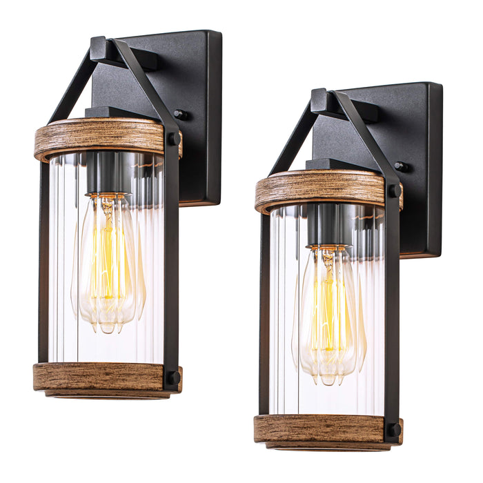 Woodgrain Outdoor Wall Lantern with Clear Strip Glass Shade(2-Pack)