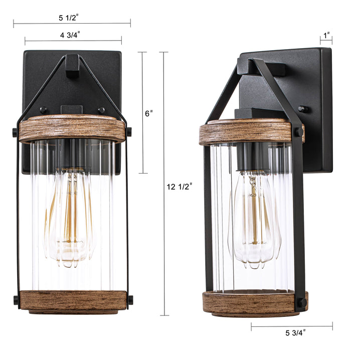 Woodgrain Outdoor Wall Lantern with Clear Strip Glass Shade(2-Pack)