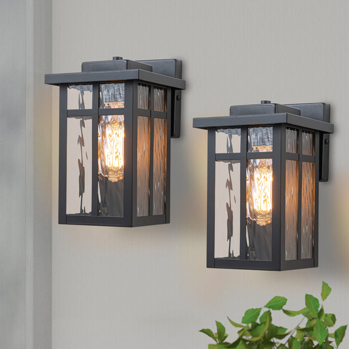 1-Light Matte Black Outdoor Wall Lantern with Water Glass(2-Pack)
