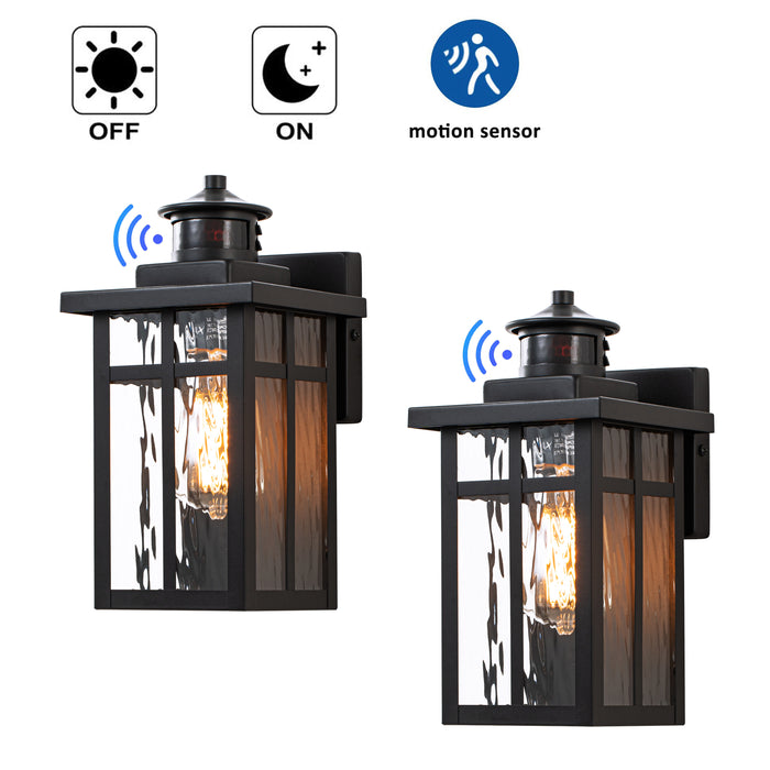 2-Pack Matte Black Motion Sensing Dusk to Dawn Outdoor Wall Lantern Sconces with Water Glass