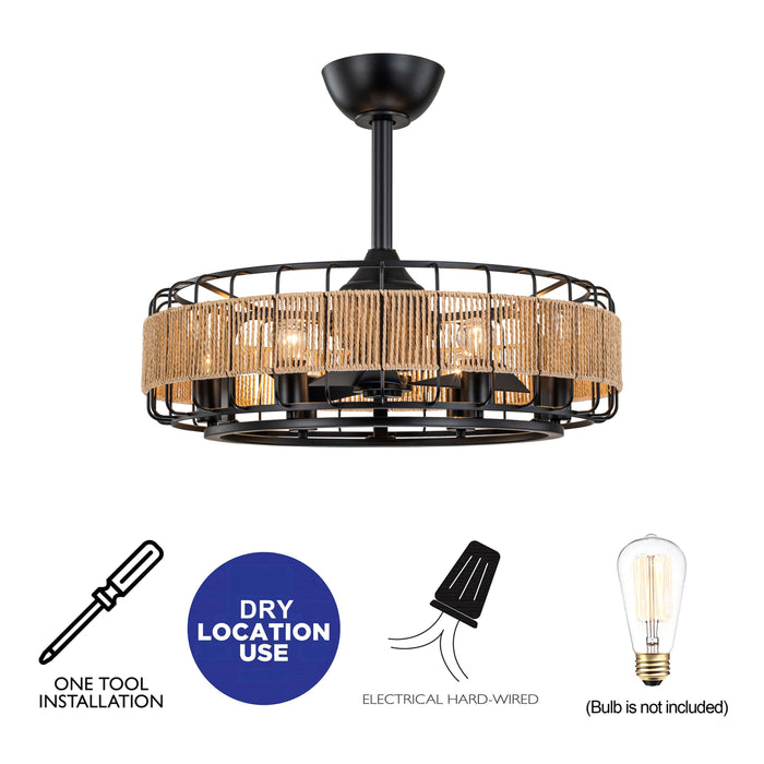 23 in Black Ceiling Fan with Paper Rope Shade and Remote Control