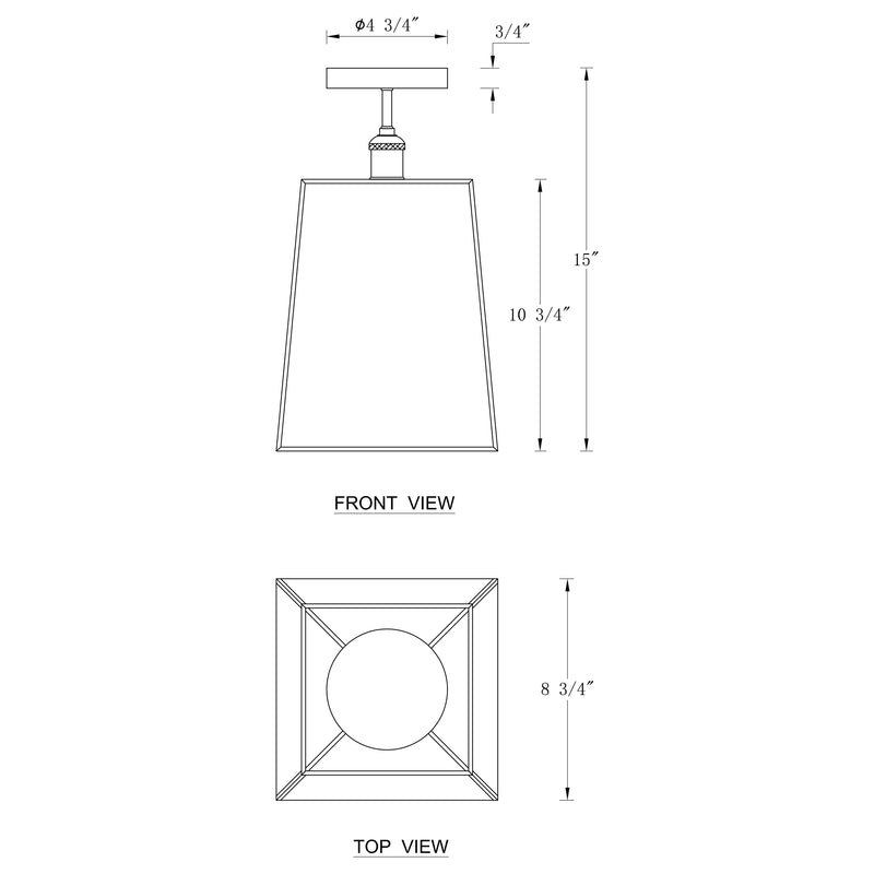 1-Light Dark Bronze Brass Semi-Flush Mount Ceiling Light with Tempered Glass Shade