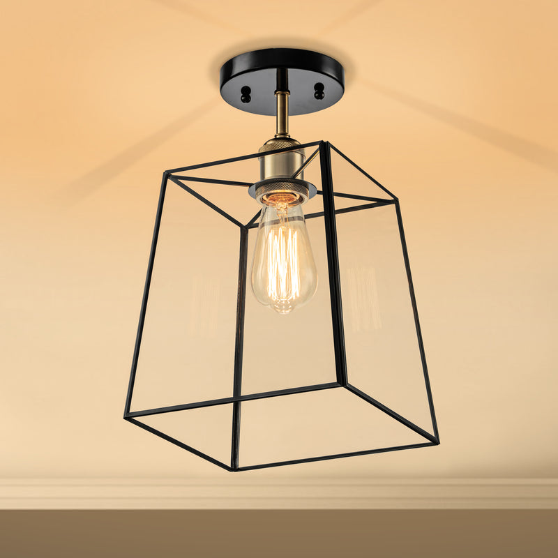 1-Light Dark Bronze Brass Semi-Flush Mount Ceiling Light with Tempered Glass Shade