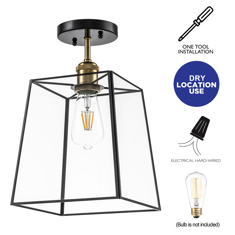 1-Light Dark Bronze Brass Semi-Flush Mount Ceiling Light with Tempered Glass Shade