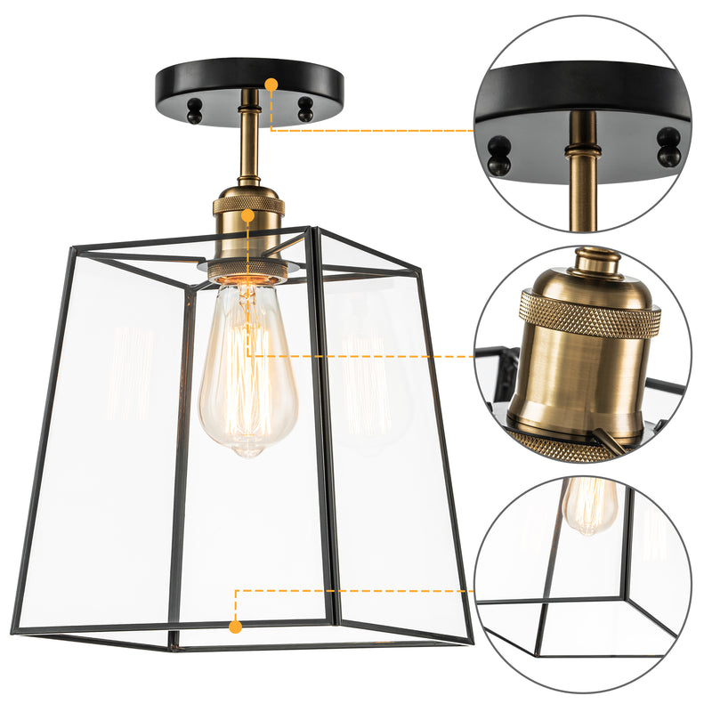 1-Light Dark Bronze Brass Semi-Flush Mount Ceiling Light with Tempered Glass Shade