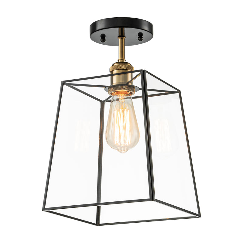 1-Light Dark Bronze Brass Semi-Flush Mount Ceiling Light with Tempered Glass Shade