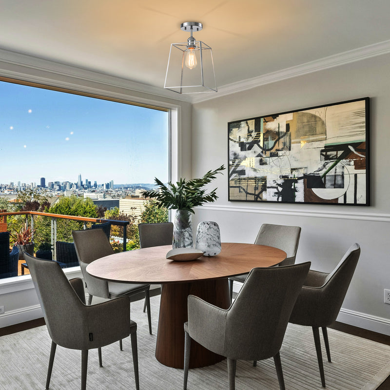 1-Light Chrome Semi-Flush Mount Ceiling Light with Tempered Glass Shade