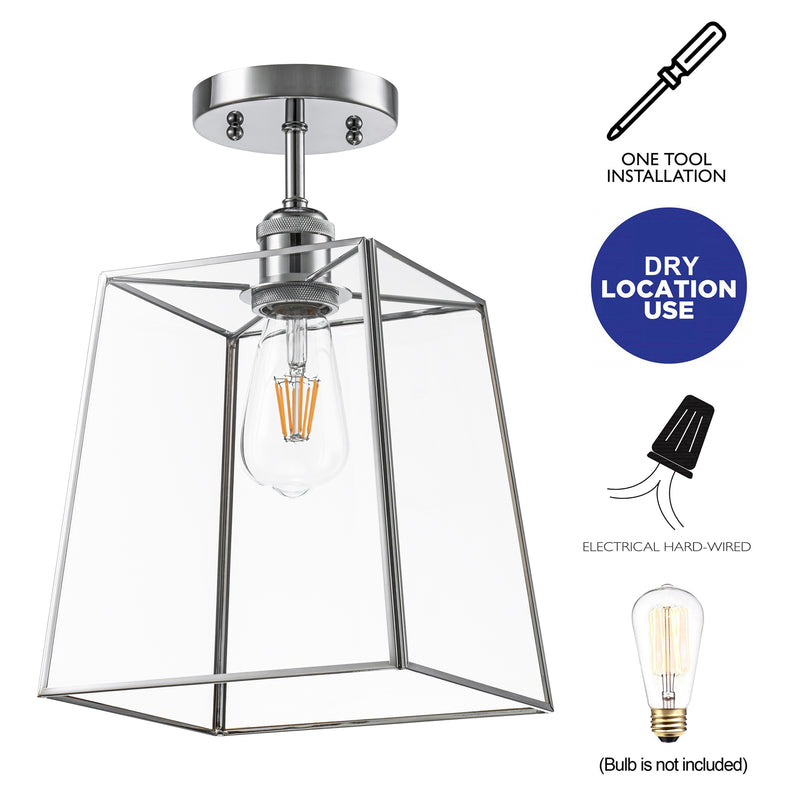 1-Light Chrome Semi-Flush Mount Ceiling Light with Tempered Glass Shade