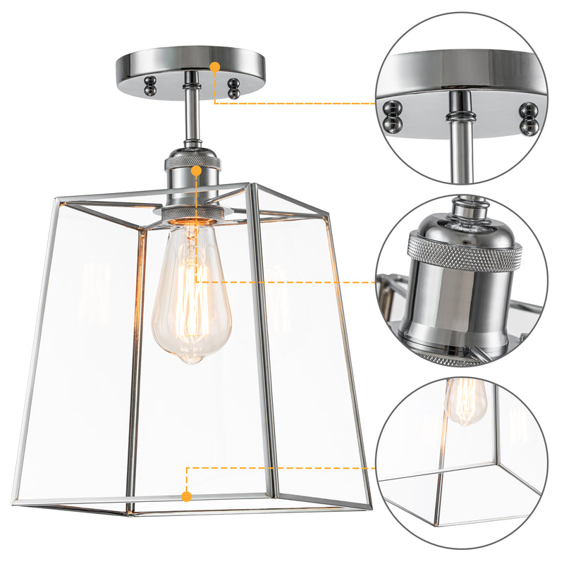1-Light Chrome Semi-Flush Mount Ceiling Light with Tempered Glass Shade