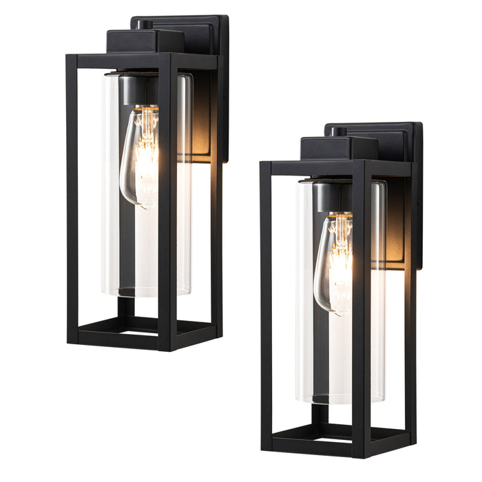 14 in. 1-Light Matte Black Outdoor Wall Lantern Sconce with Cylinder Clear Glass Shade(2-Pack)