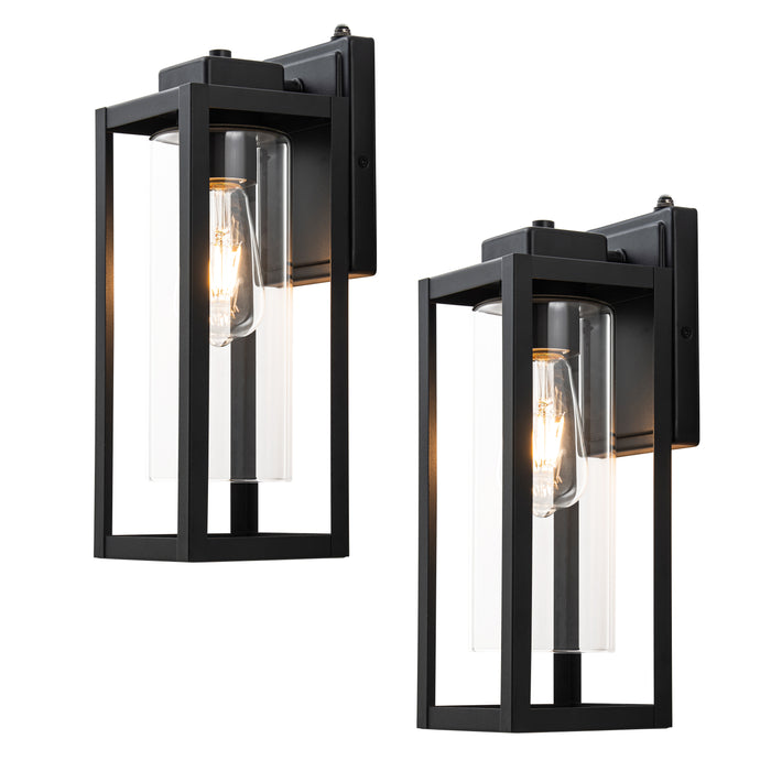 14 in. 1-Light Matte Black Dusk to Dawn Outdoor Wall Lantern Sconce with Cylinder Clear Glass Shade (2-Pack)
