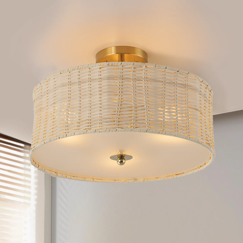 3-Light Woven Rattan Semi-Flush Mount Ceiling Light