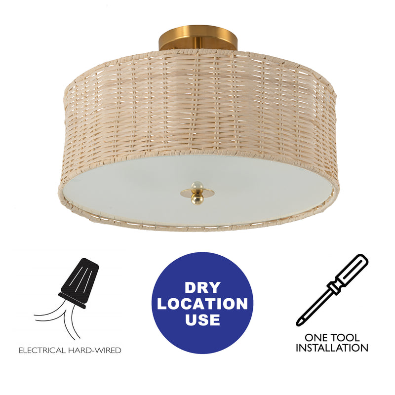 3-Light Woven Rattan Semi-Flush Mount Ceiling Light