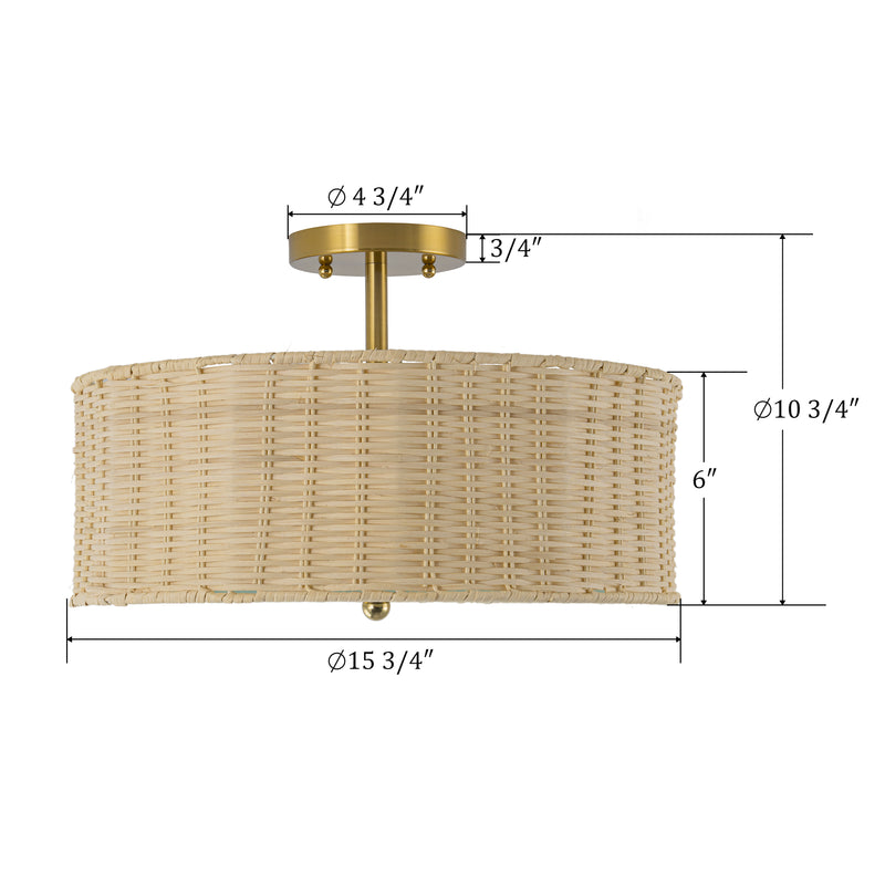 3-Light Woven Rattan Semi-Flush Mount Ceiling Light