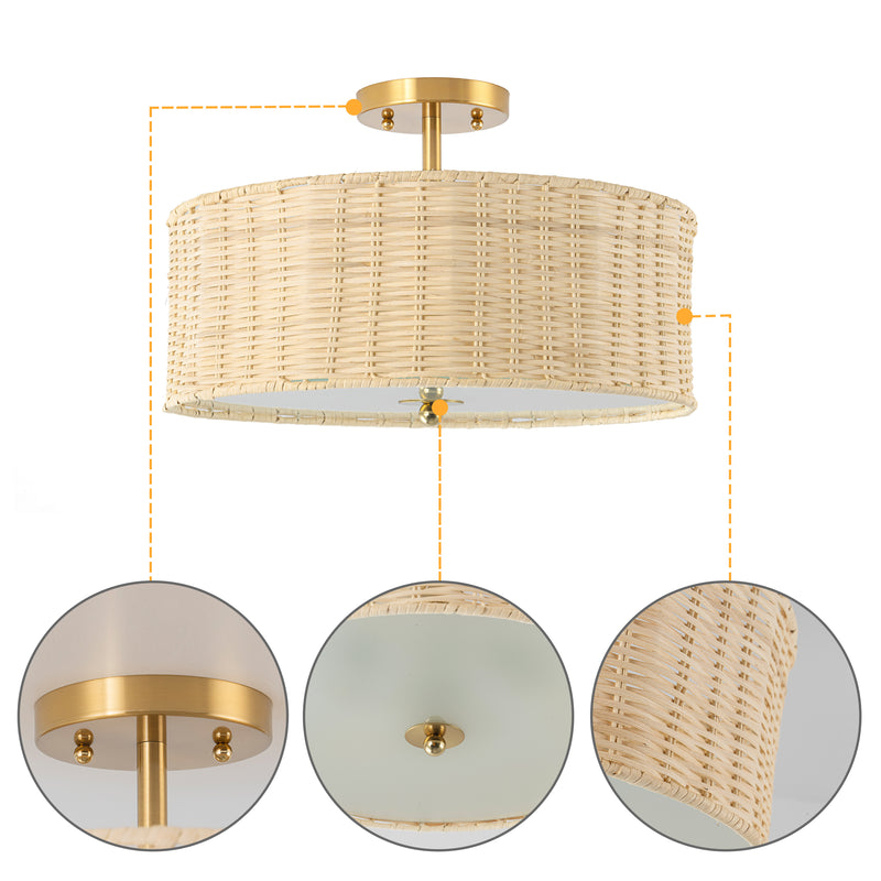 3-Light Woven Rattan Semi-Flush Mount Ceiling Light