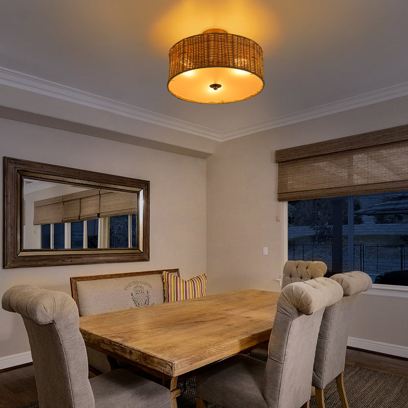 3-Light Woven Rattan Semi-Flush Mount Ceiling Light