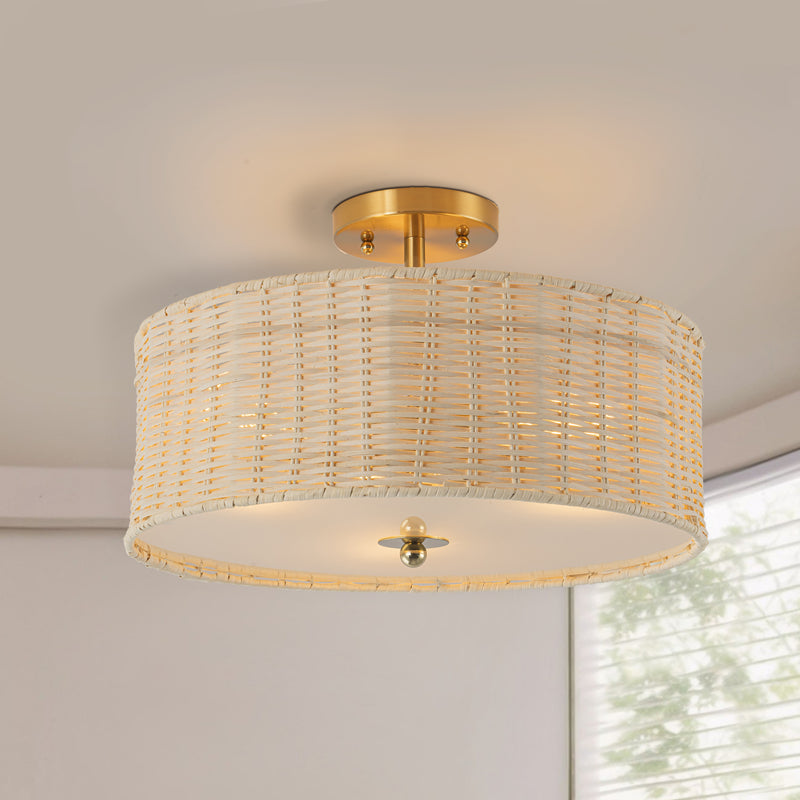 3-Light Woven Rattan Semi-Flush Mount Ceiling Light
