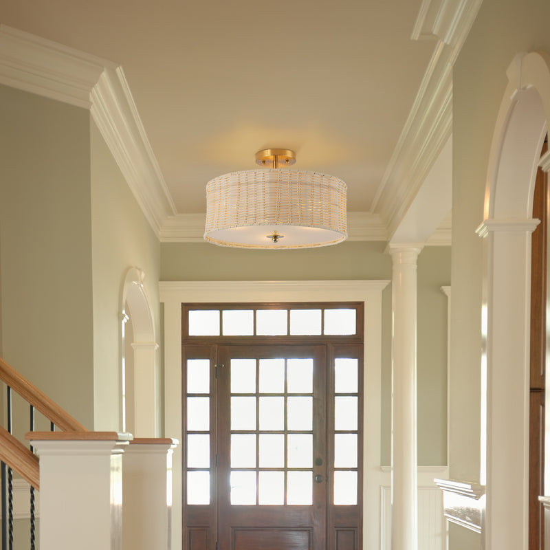 3-Light Woven Rattan Semi-Flush Mount Ceiling Light