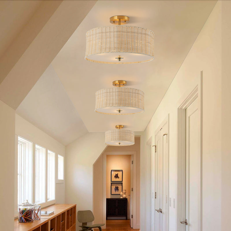 3-Light Woven Rattan Semi-Flush Mount Ceiling Light