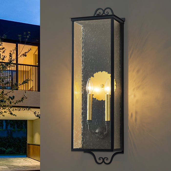 30.25 in. Black Outdoor Wall Lantern Sconce with Seeded Glass and Gold Accent