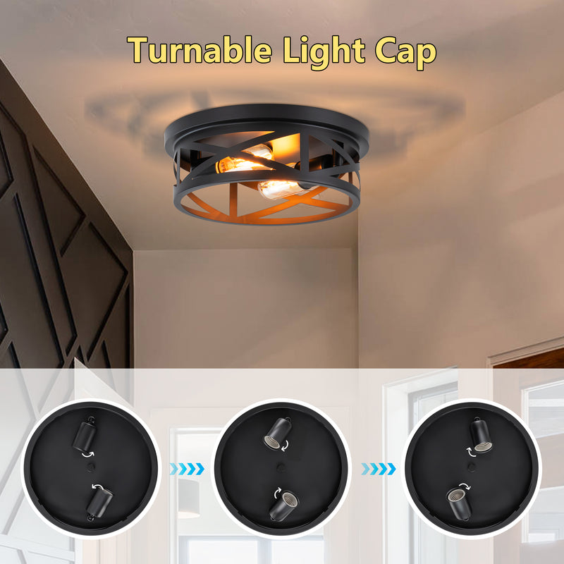 2-Pack Black Round Flush Mount Ceiling Light with Turnable Light Cap