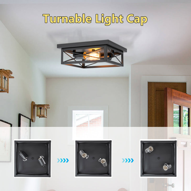 2-Light Black Square Flush Mount Ceiling Light with Turnable Light Cap(2-Pack)
