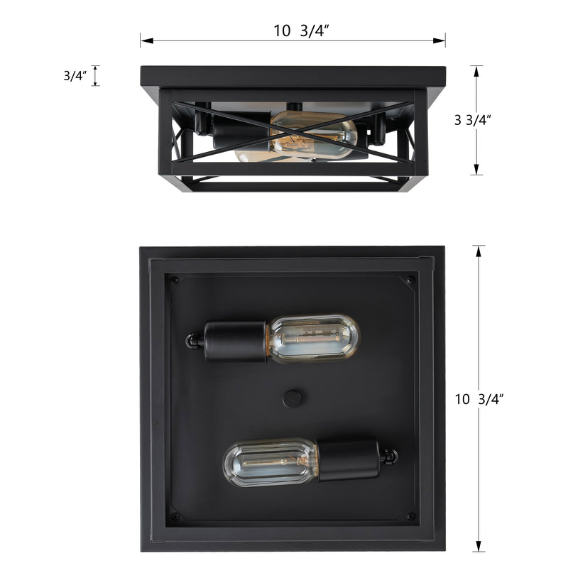 2-Light Black Square Flush Mount Ceiling Light with Turnable Light Cap(2-Pack)