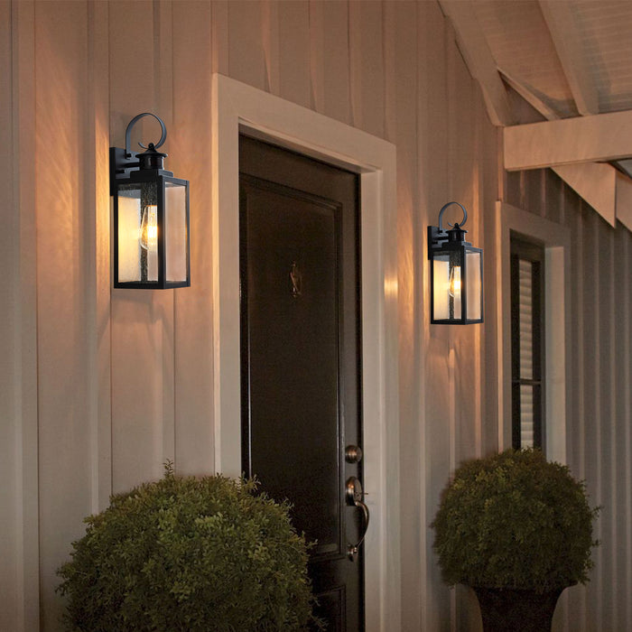 2-Pack 16.75in Matte Black Motion Sensor & Dusk to Dawn Outdoor Wall Lantern with Seeded Glass
